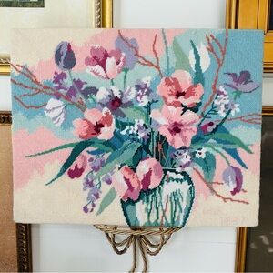 Needlepoint Floral Vintage Wall Art – Pastel Flower Bouquet, Unframed
